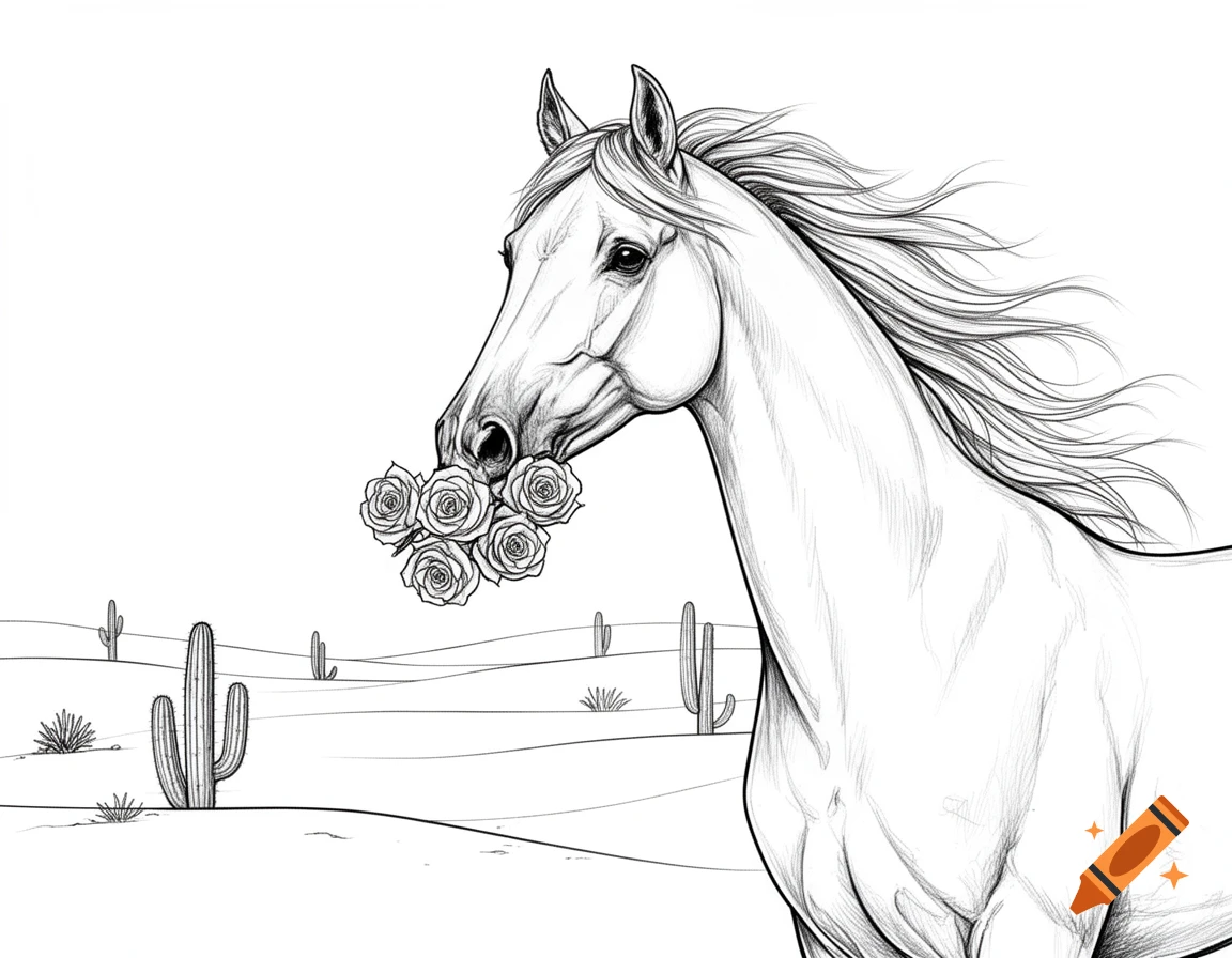 A black and white sketch of an Arabian horse with a flowing mane holding five roses in its mouth, set against a desert landscape with cacti.