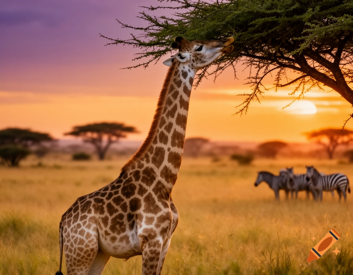 A giraffe eating leaves from a tree in a savanna at sunset, with blurred zebras in the background. Photorealistic.