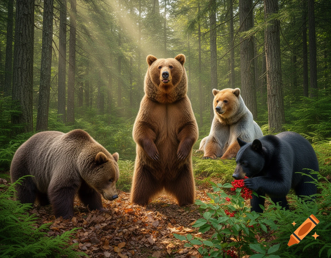 Four photorealistic bears, including brown, light brown, and black bears, in a sunlit forest. One stands, one sits, one forages, and one eats berries.