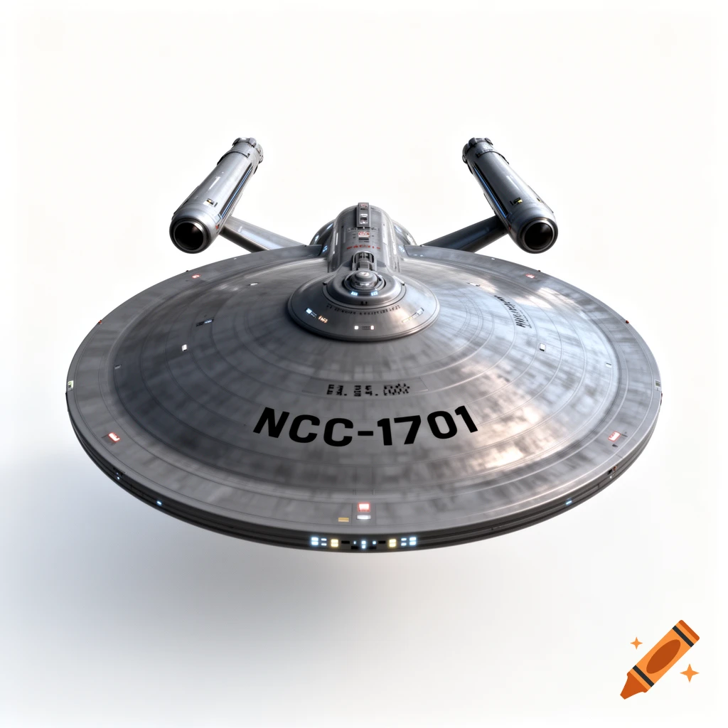 Photorealistic rendering of the USS Enterprise NCC-1701 spacecraft from a bird's eye view, isolated on a white background.