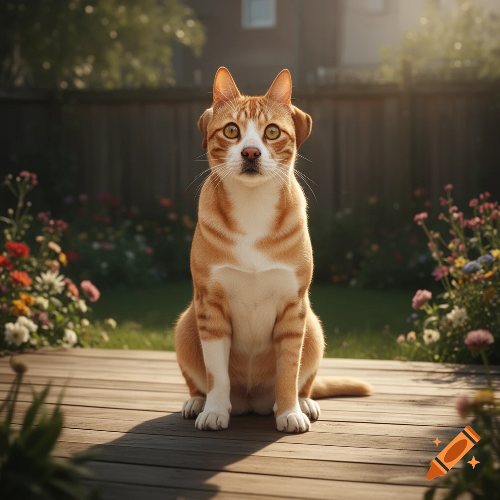 A realistic catdog with ginger stripes and white fur sits on a wooden deck in a sunny garden with flowers.