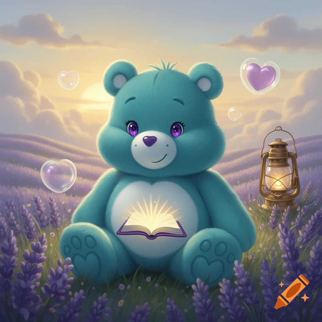 A teal Care Bear-like character sits in a lavender field at sunset, holding a glowing open book, with bubbles and a lantern.