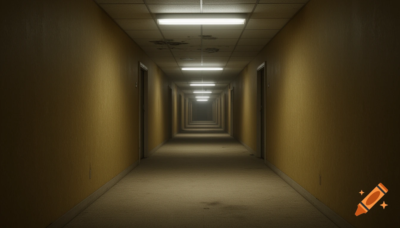 A long, dimly lit hallway with yellow walls, fluorescent ceiling lights, and multiple doors leading into the distance, evoking a liminal space.