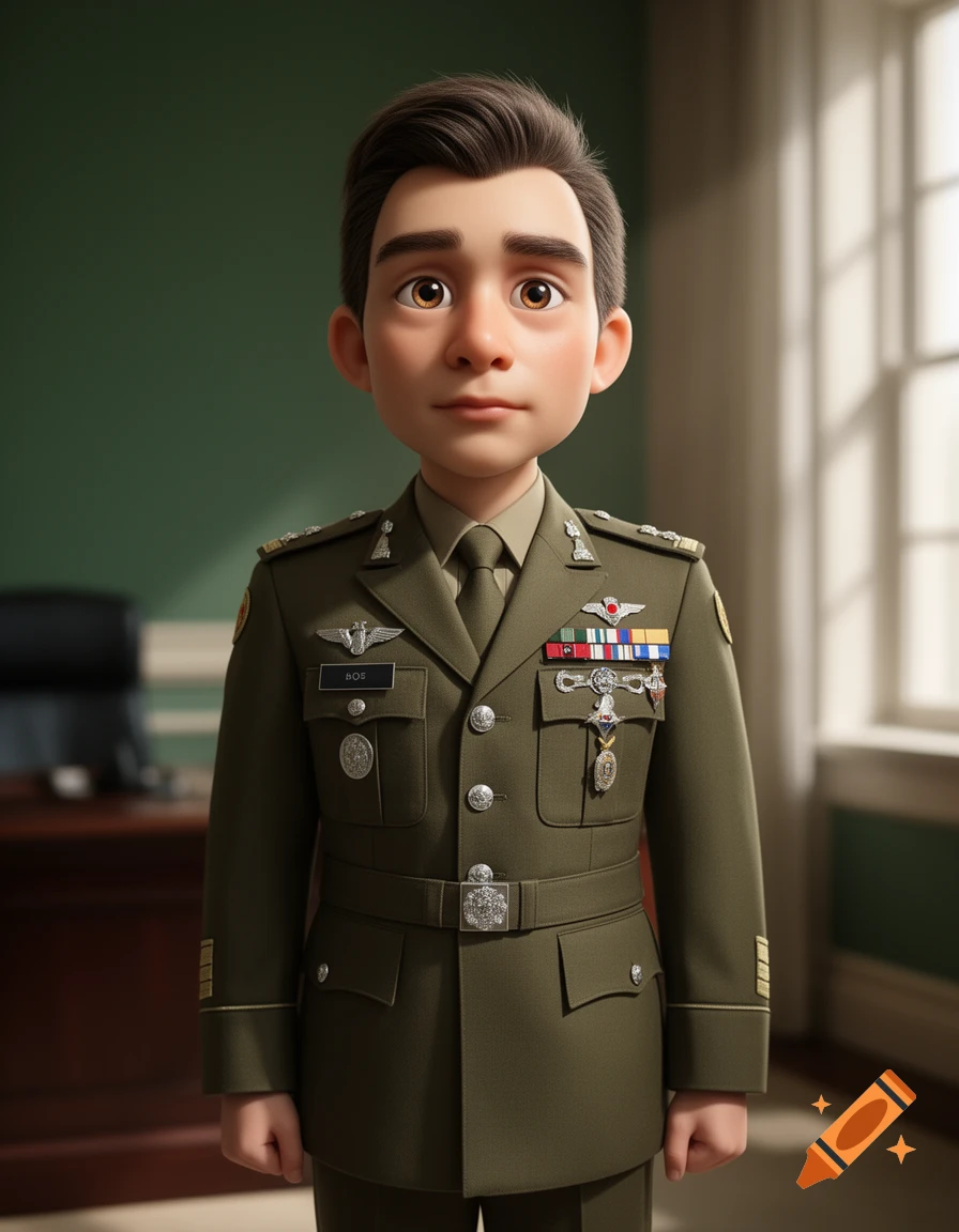 A cartoon man in a military uniform with medals stands in a room with a green wall and a window.