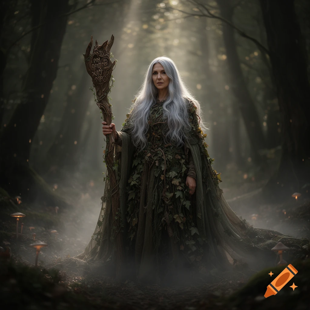 A mystical white-haired woman in a flowing, leaf-covered gown holds an ornate staff in a misty, sun-dappled forest.