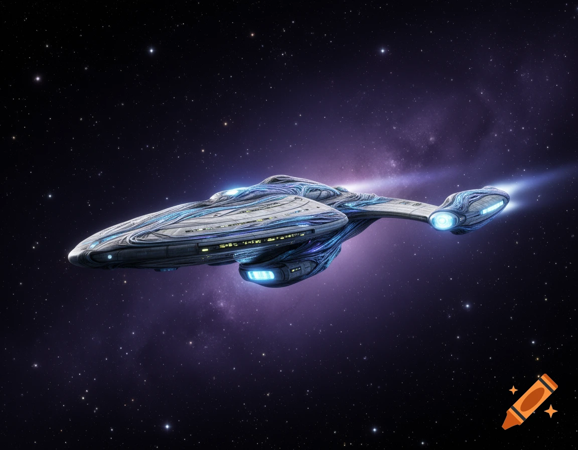 A sleek, futuristic Star Trek-style spaceship with glowing blue accents flies through a star-filled galaxy with purple nebulae.