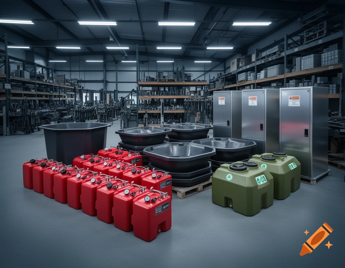 A warehouse scene with rows of red portable fuel tanks, dark grey retention basins, green tanks for gardening, and silver lithium cabinets.