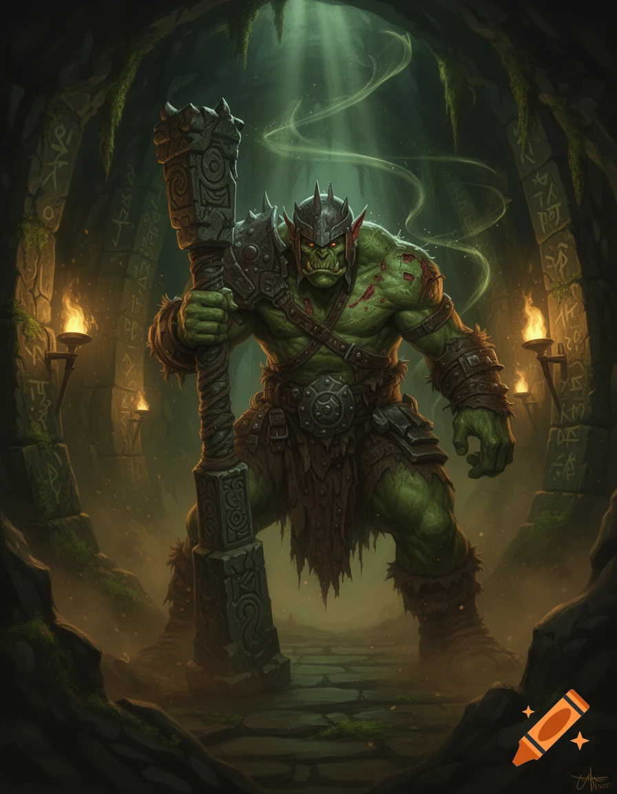 A muscular green orc warrior with glowing red eyes, wearing spiked armor and holding a large stone war hammer, stands in a torch-lit ancient cave with carved runes on the walls. Stylized digital art.