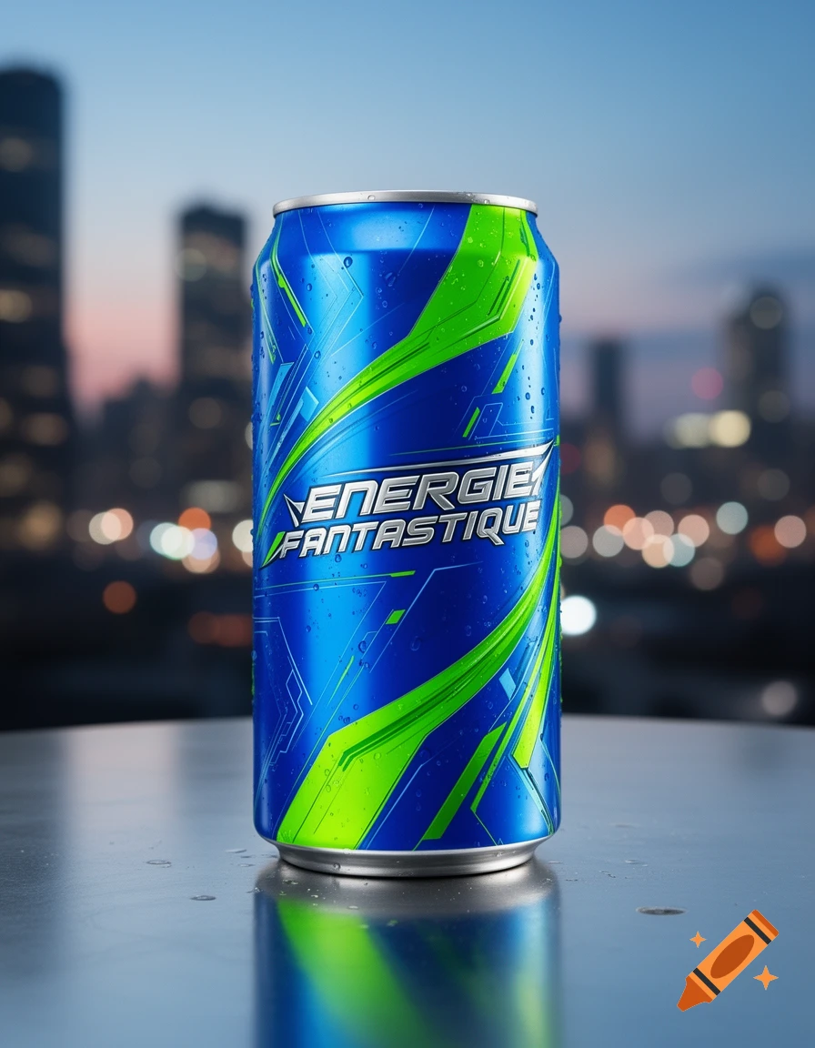 A blue and green energy drink can with water droplets on a table, reflecting city lights and buildings in the background at dusk. Photorealistic style.