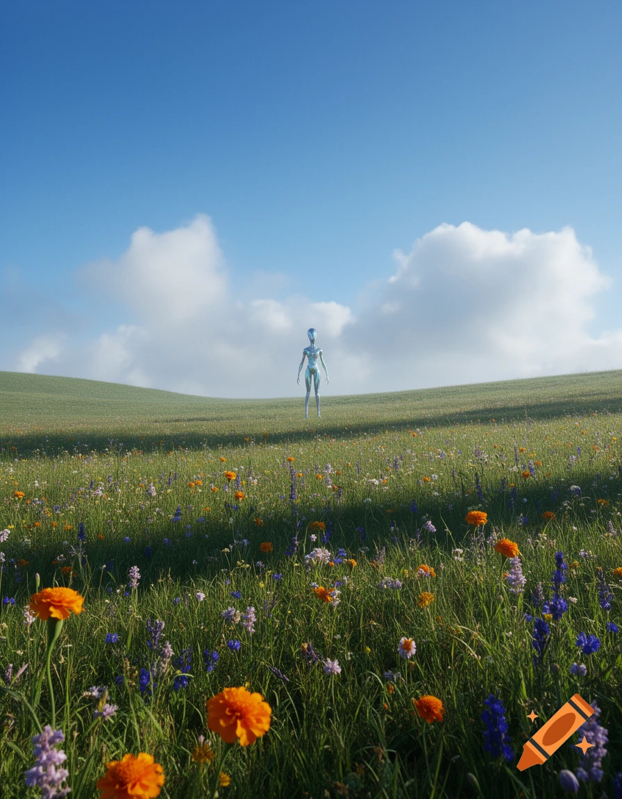 A metallic alien figure stands in the distance on a green hill overlooking a vibrant field of colorful wildflowers under a blue sky.