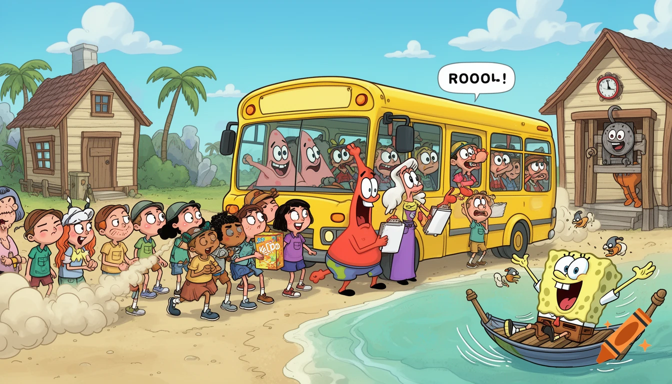 Cartoon characters, including Spongebob and Patrick, on a beach next to a yellow school bus filled with children, in a vibrant, humorous style.