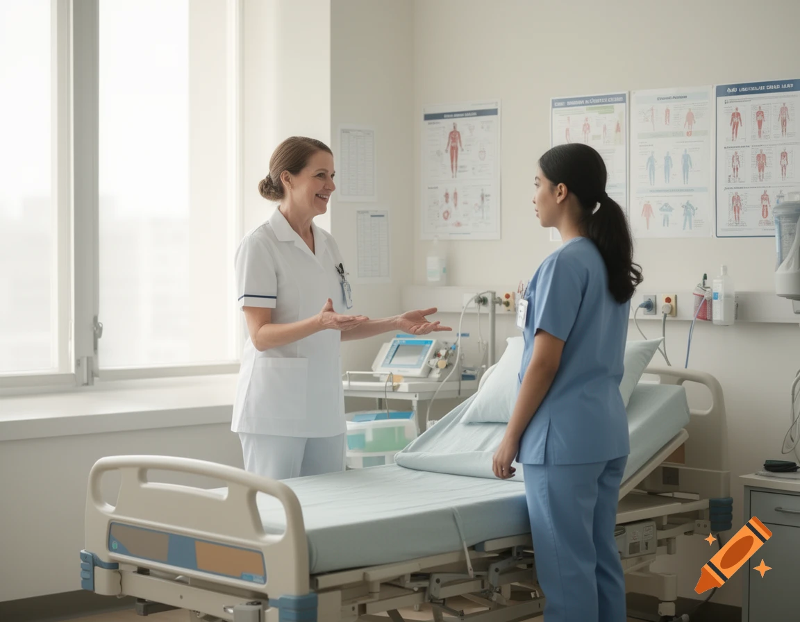Two women in medical scrubs, one explaining something to another, standing beside an empty hospital bed in a bright room with anatomical posters.