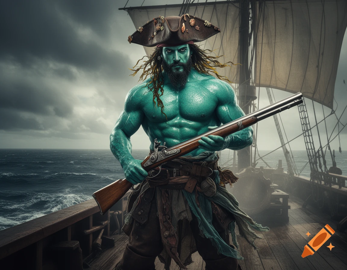 A muscular, green-skinned Triton pirate with a beard and tricorne hat stands on a ship deck, holding a musket under a stormy sky.