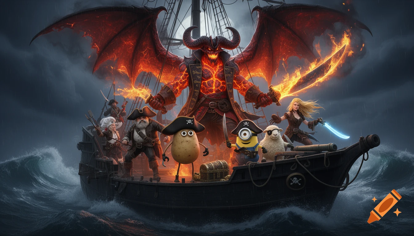A fantastical pirate crew on a ship during a storm. A huge demonic Balrog captain, a sentient potato, a minion, a sheep, and other pirates are on deck with flaming weapons.