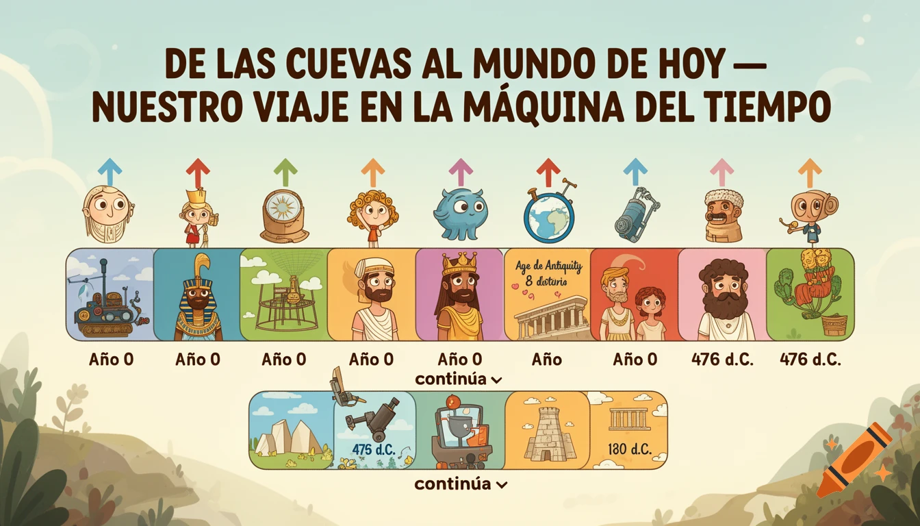 A colorful cartoon infographic timeline showing history from caves to today, with various illustrated eras and characters, titled "DE LAS CUEVAS AL MUNDO DE HOY — NUESTRO VIAJE EN LA MÁQUINA DEL TIEMPO".