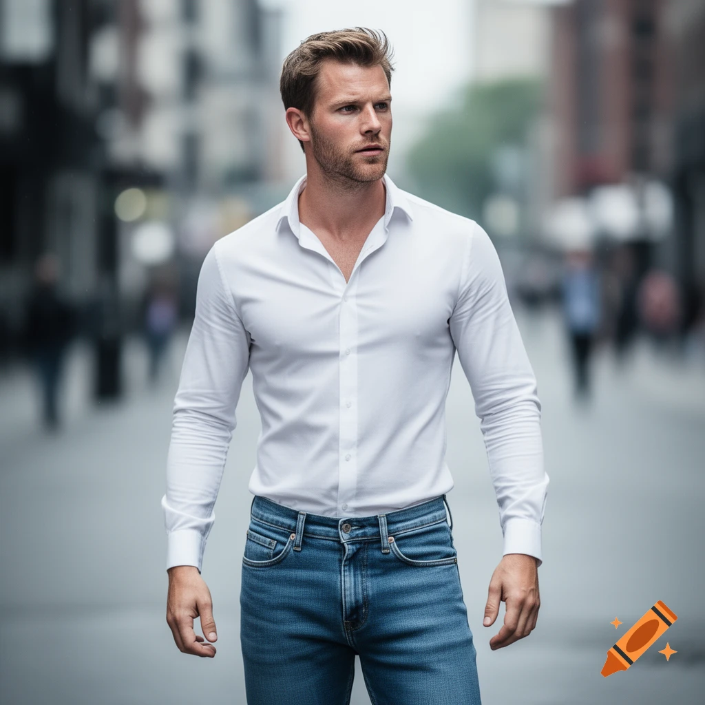 A young man with light brown hair and a short beard wears a white shirt and blue jeans, standing on a blurred city street.