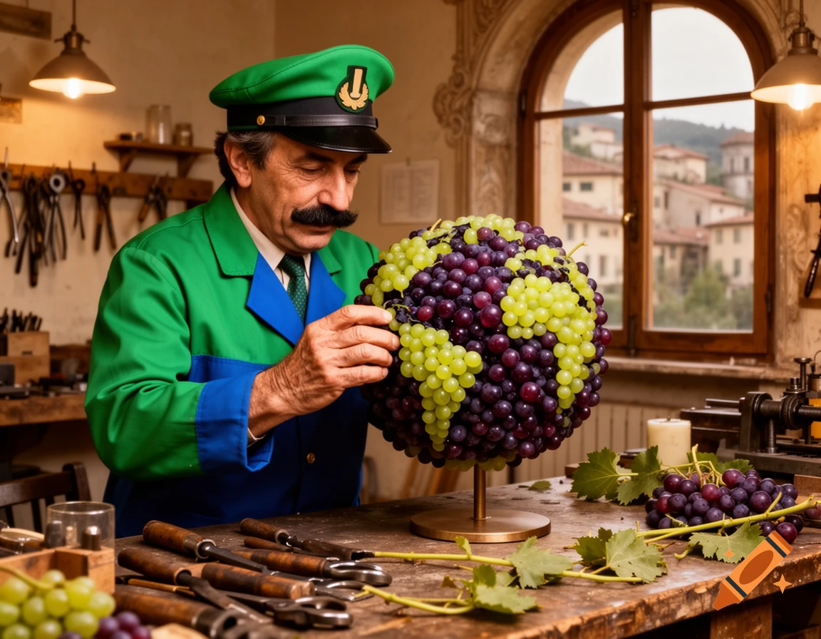 A man in a green uniform and cap, resembling Luigi, meticulously crafts a globe from green and purple grapes in a rustic workshop.