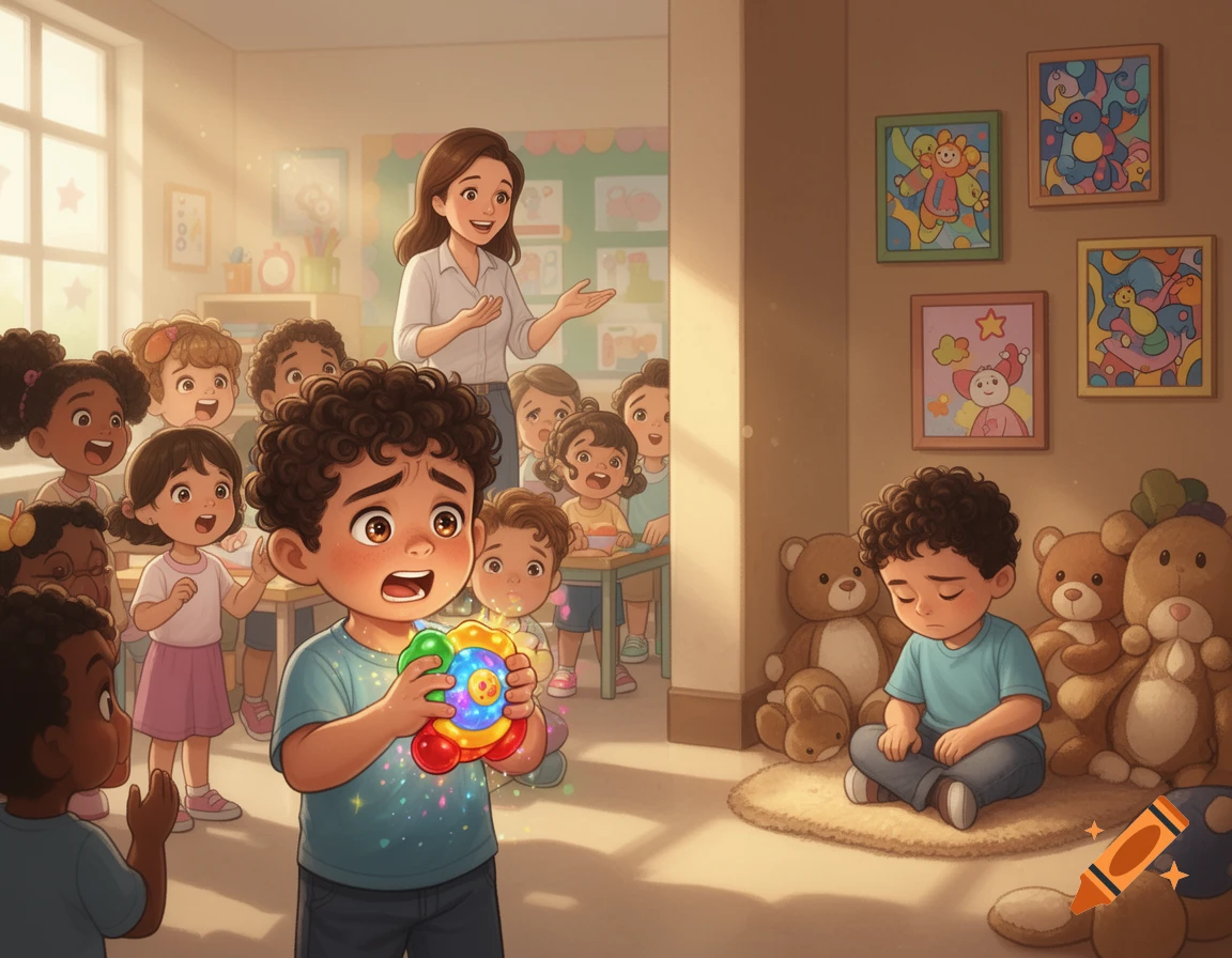 An illustration of a classroom. An upset boy holds a colorful toy, while another boy sits sadly in a corner with teddy bears. A teacher watches.