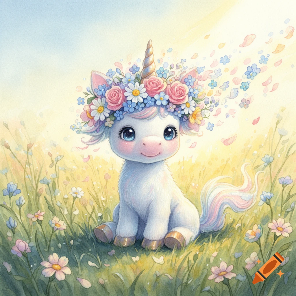 Kawaii watercolor illustration of a baby unicorn with a flower crown sitting in a field of colorful flowers.