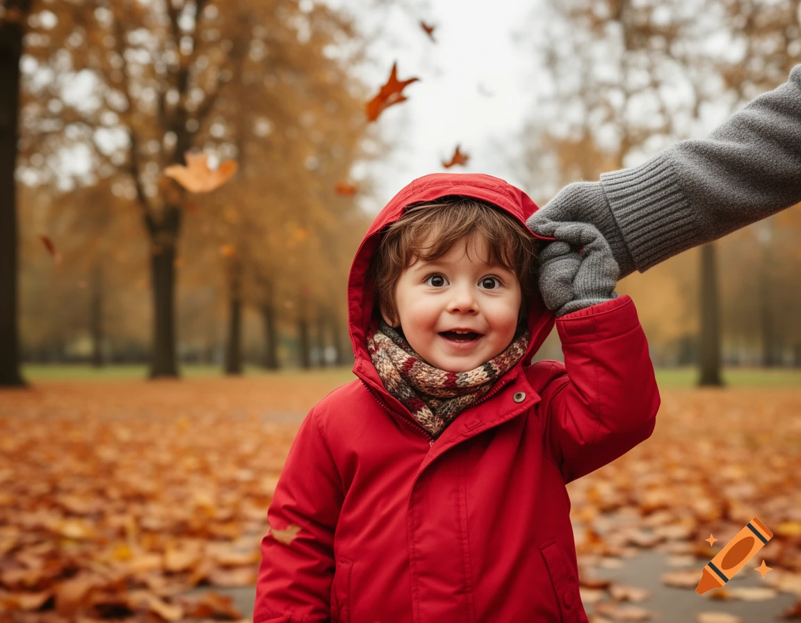 A smiling toddler in a red coat and scarf playing in an autumn park with falling leaves, an adult's hand holding their hood.
