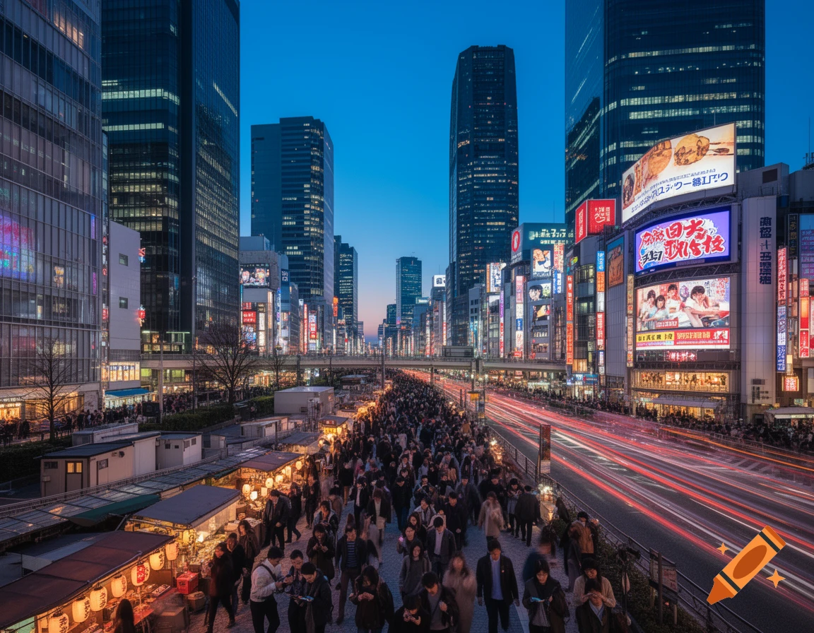 A bustling Tokyo street at dusk, with crowds of people walking, tall buildings lit by neon signs, and red light trails from traffic.