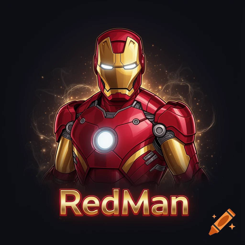 A cartoon-inspired Iron Man bust in red and gold armor with glowing eyes and arc reactor, against a dark background with text "RedMan".