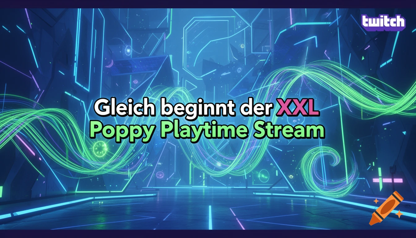 Futuristic digital background with glowing blue and green lines and text about a Poppy Playtime Twitch stream.