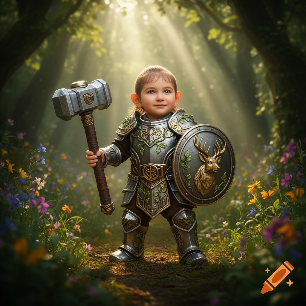 A young forest gnome child in silver and gold armor holds a war hammer and deer shield in a sunlit, wildflower-filled forest.