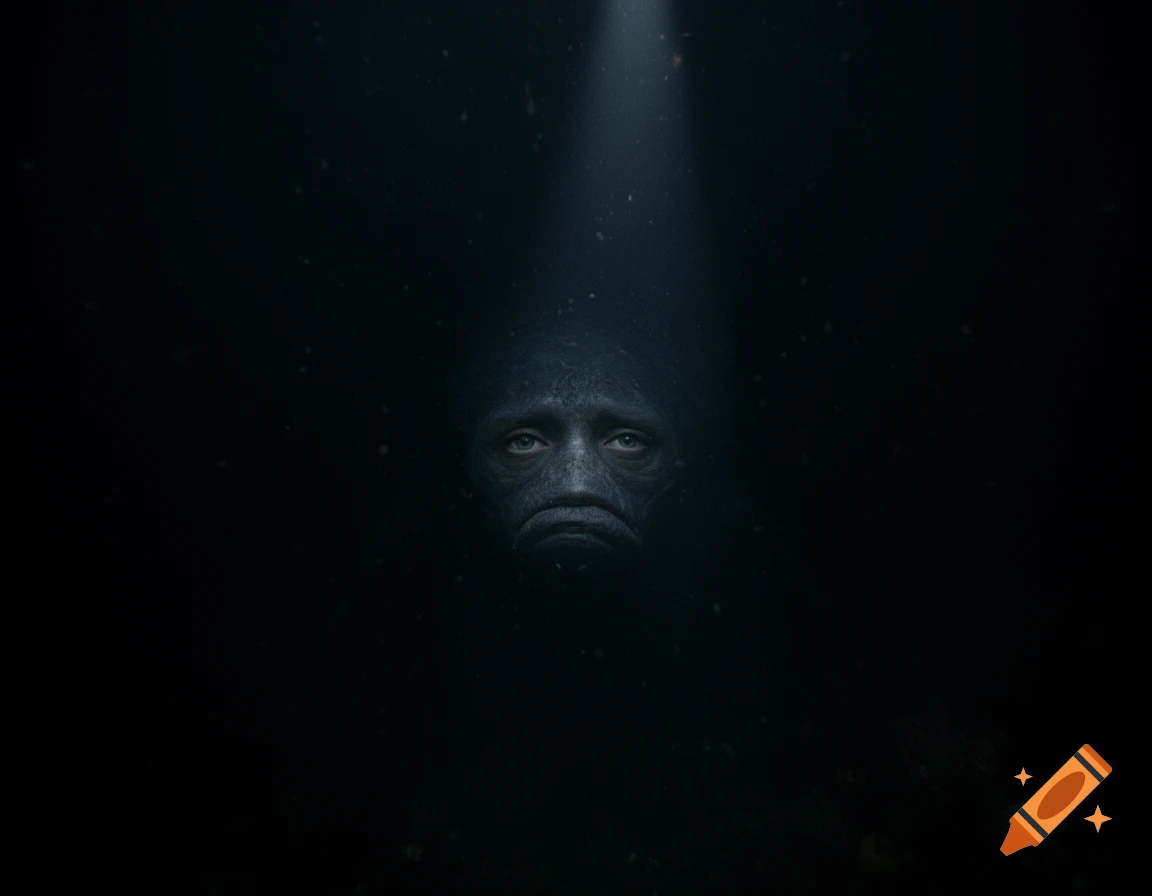 Eerie deep-sea creature's face in a dark abyss, lit by a faint beam, with human-like eyes showing sorrow and tiredness.
