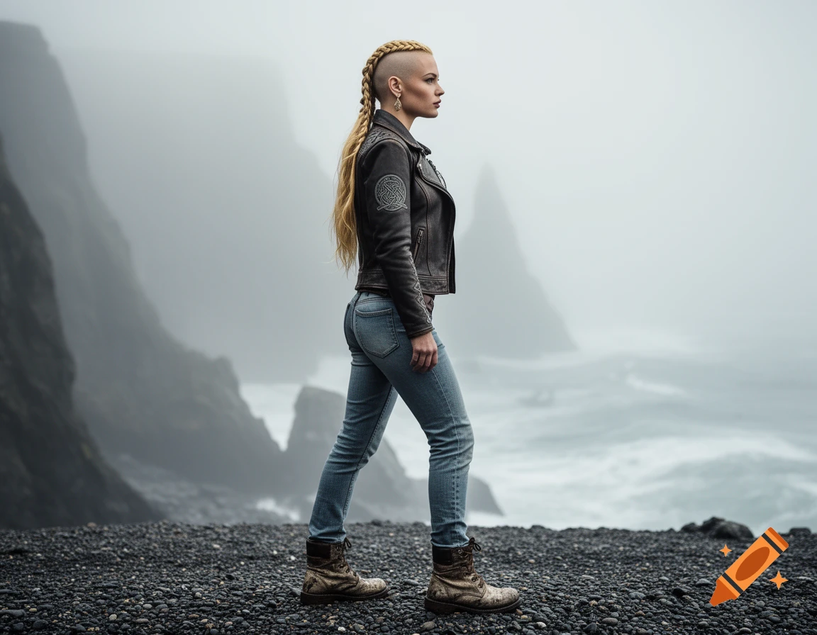 Photorealistic image of a woman with a blonde side-shave braid, leather jacket, and jeans, on a foggy rocky beach.
