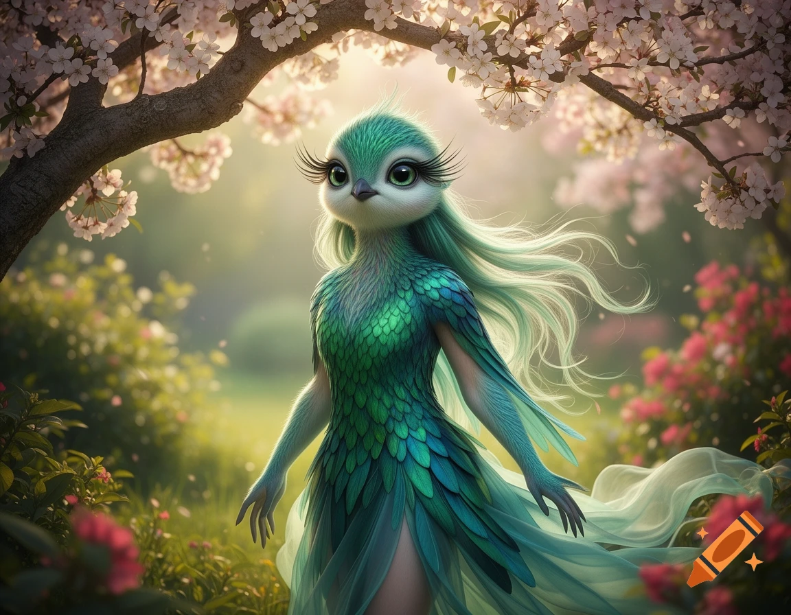 A cute bird-girl with green feathers, long eyelashes, and flowing teal hair stands in a vibrant, sunlit fantasy garden with cherry blossoms.