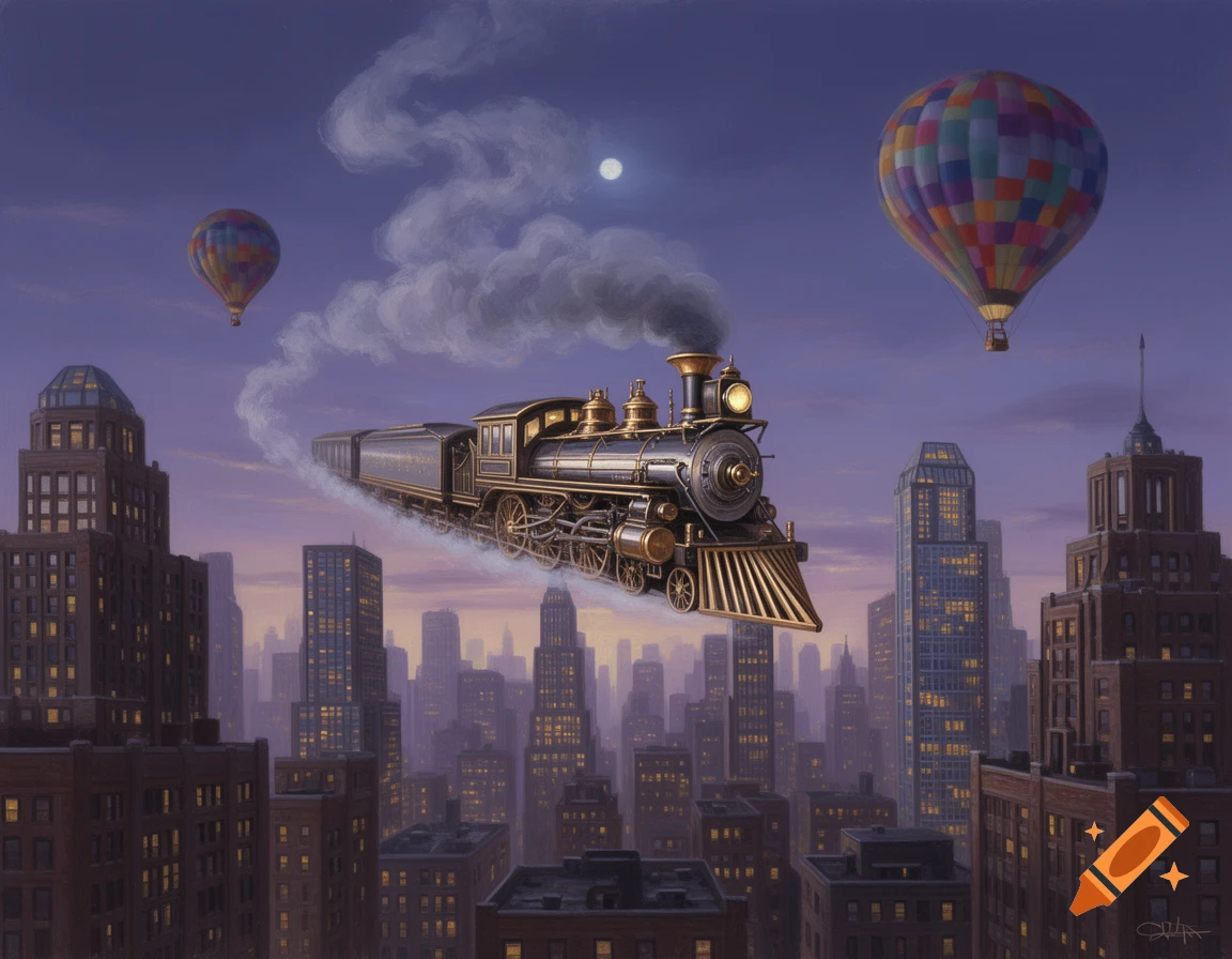 A fantastical painting shows a black and gold steam train flying over a city at dusk. Two colorful hot air balloons and a moon are in the purple sky.