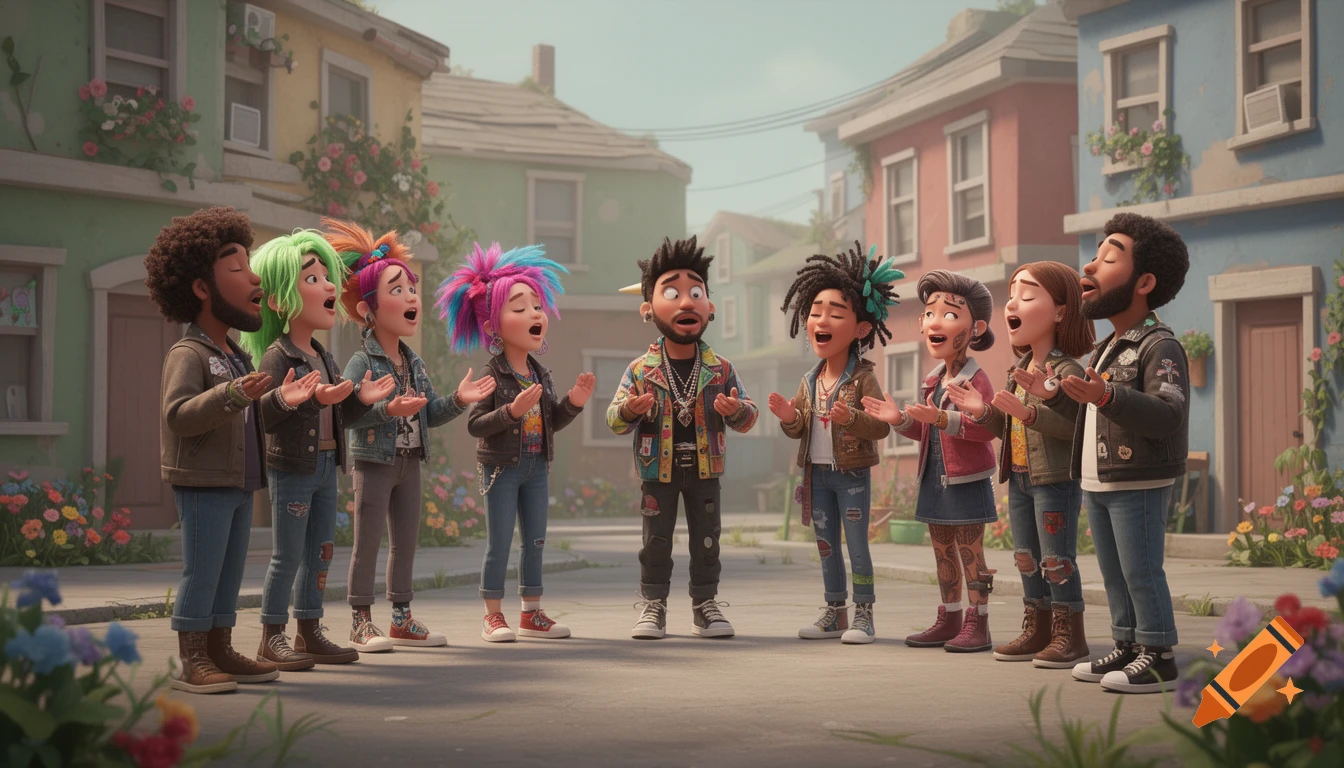 A diverse group of animated characters with punk-inspired styles sings together in a loose circle on a neighborhood street.