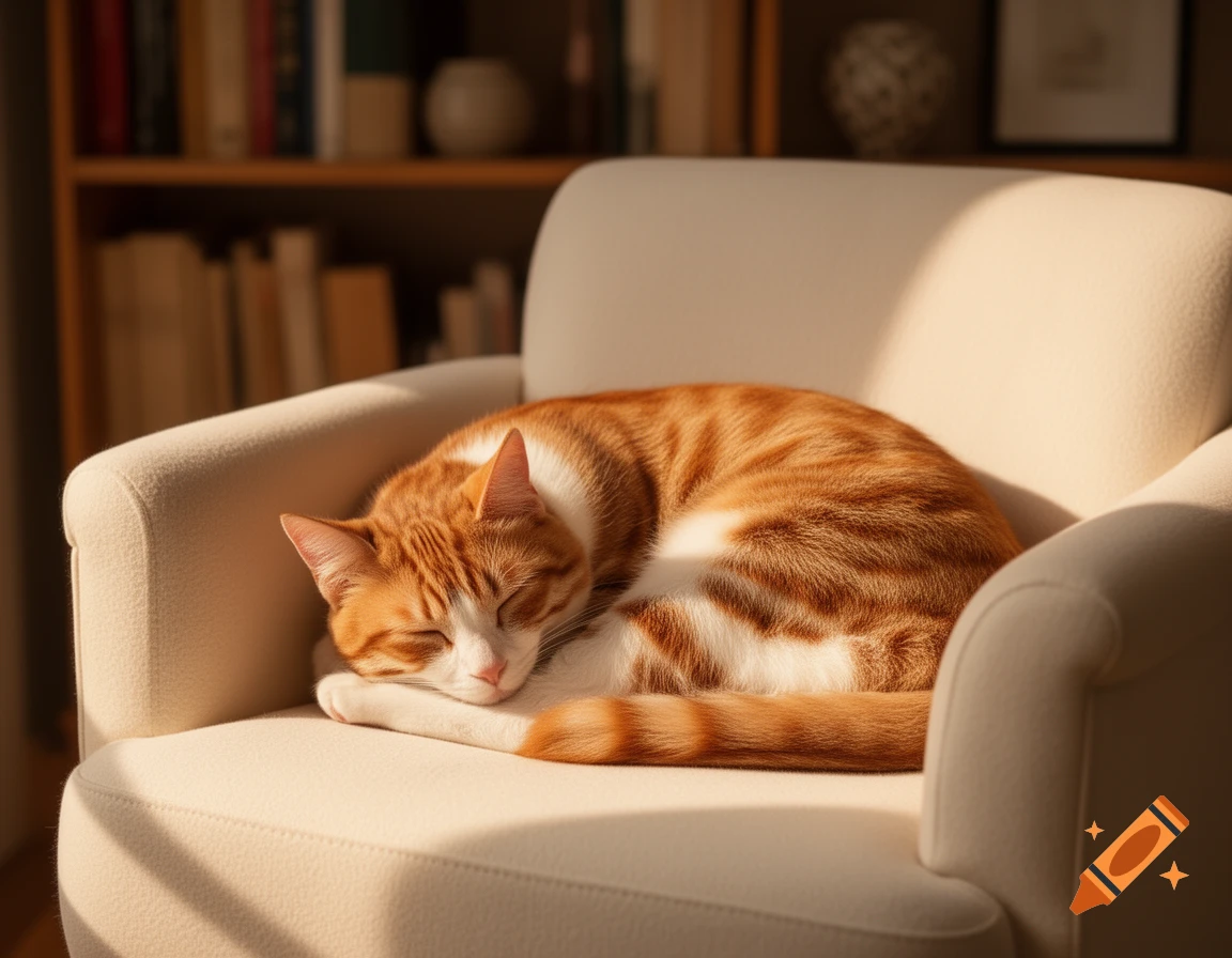 An orange and white tabby cat sleeps curled up on a cream armchair, bathed in warm sunlight, with a bookshelf in the background.