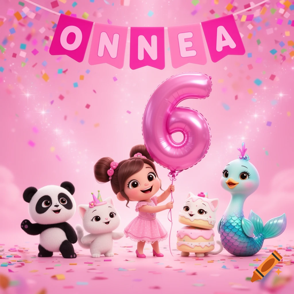A cute 3D animated girl with her animal friends, a panda, two cats, and a mer-bird, at a pink birthday party with a number 6 balloon and confetti. A banner reads ONNEA.
