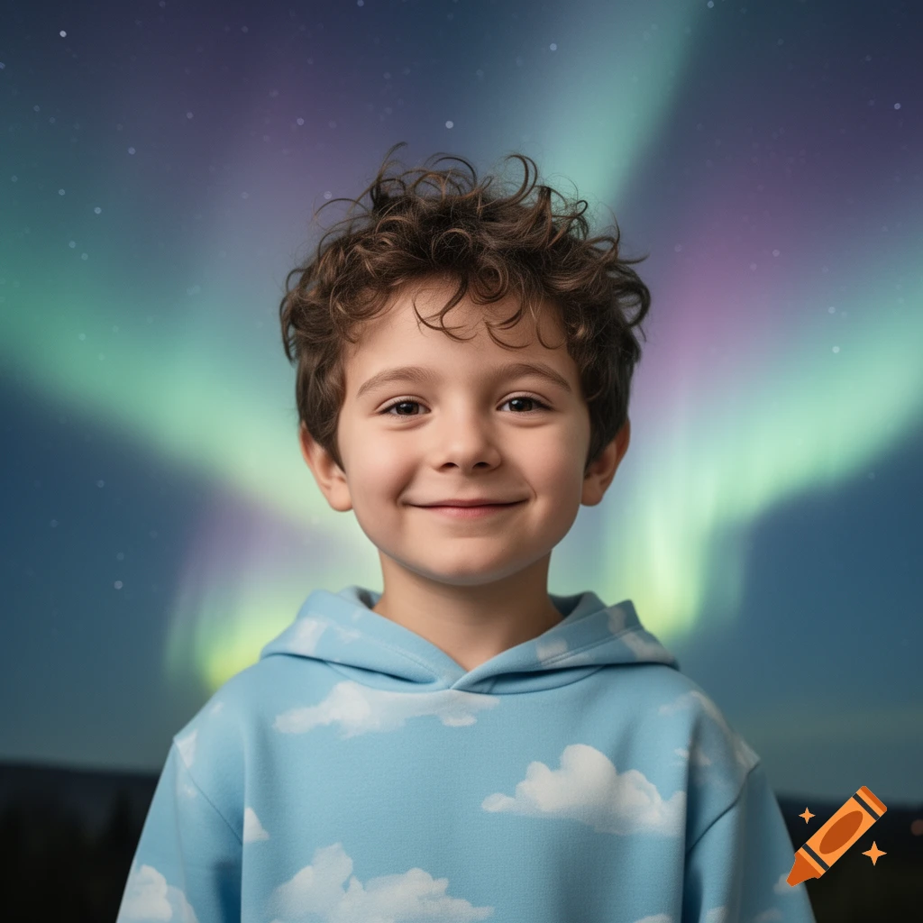 Smiling young boy with curly hair in a cloud-print hoodie against a vibrant aurora borealis sky.