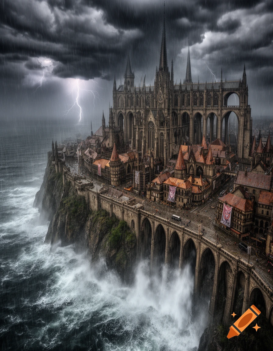Dramatic fantasy city with a towering gothic cathedral on a cliff overlooking a stormy sea with lightning and heavy rain.