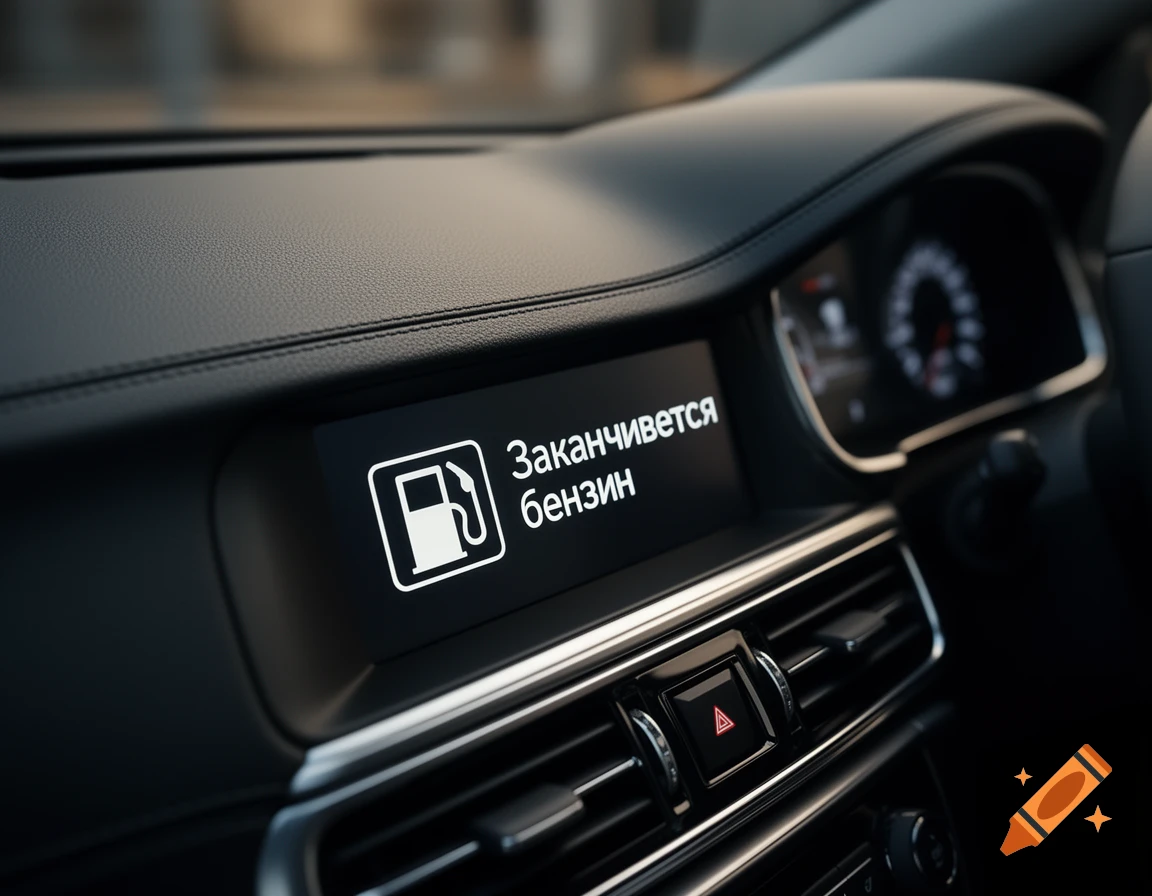 A close-up of a car's dashboard display showing a fuel pump icon and Russian text that translates to "Fuel is running out".