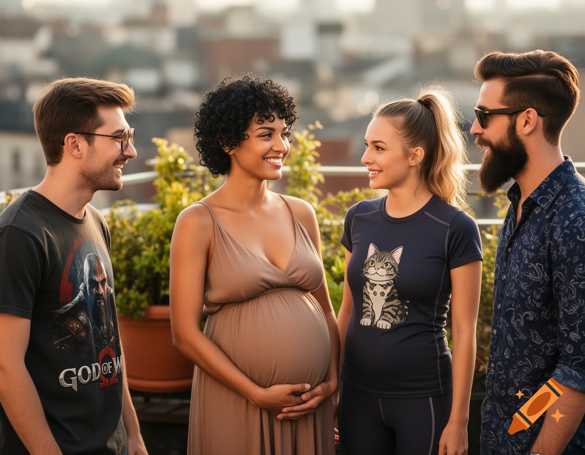 Four smiling friends, two pregnant women and two men, on a rooftop with an urban background, photorealistic.