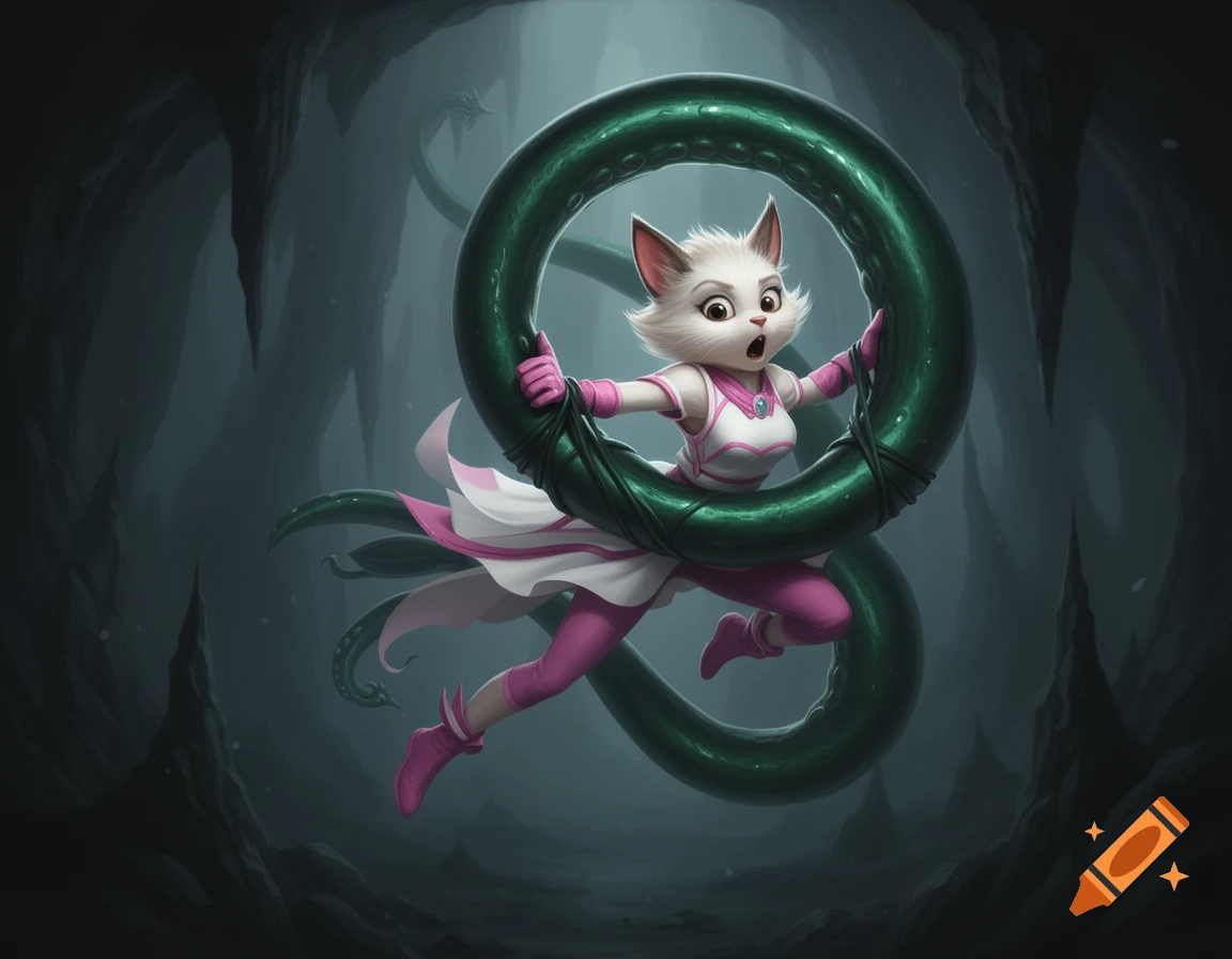 A white anthropomorphic cat in a pink and white superhero suit held by a green tentacle in a dark cave, cartoon style.