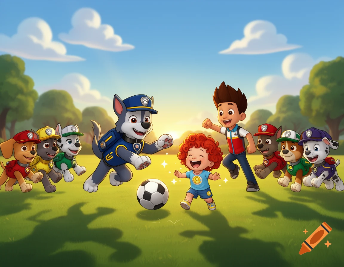 Ryder, Chase, and other Paw Patrol pups play soccer with a smiling toddler on a sunny grassy field in a cartoon style.