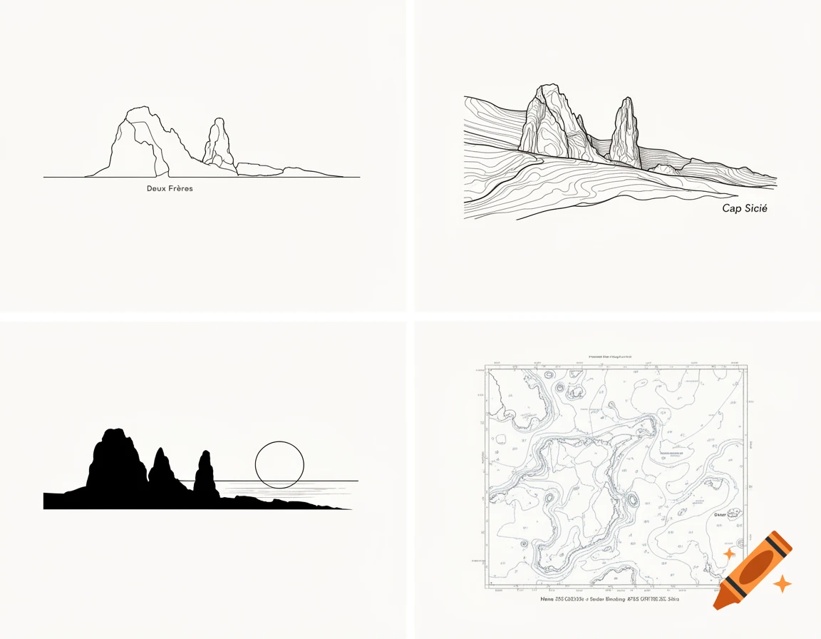 Four minimalist, fine-line tattoo designs: two showing rock formations with text, one a silhouette at sunset, and one a marine map.