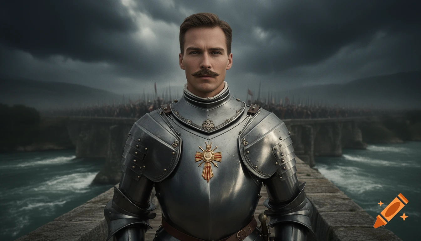Photorealistic knight in polished Italian armor with a mustache on a stone bridge, facing a blurred army under a stormy sky.