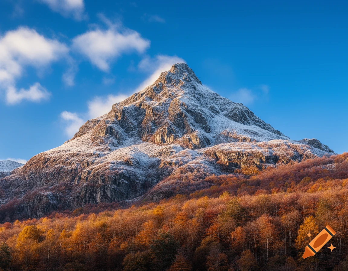 A majestic snow-capped mountain towers over a vibrant forest of orange and red autumn trees under a bright blue sky.