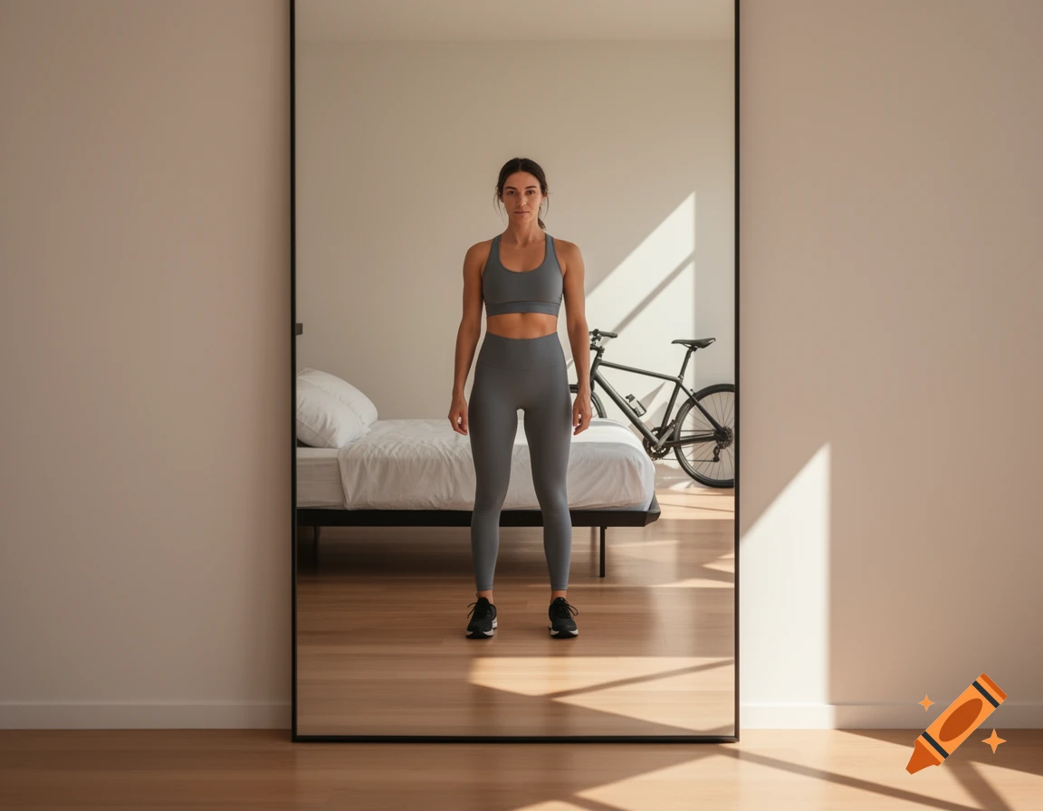 A woman in grey sportswear stands in front of a mirror in a sunlit bedroom with a bed and bicycle.