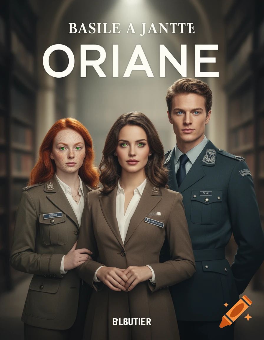 Three people, two women and one man, stand against a blurred library background. The woman in the center has dark hair and green eyes, wearing a brown suit. To her left, a redhead with freckles and green eyes wears a green military-style jacket. To her right, a man with blue eyes wears a dark green military uniform. Text at the top reads "BASILE A JANTTE ORIANE".