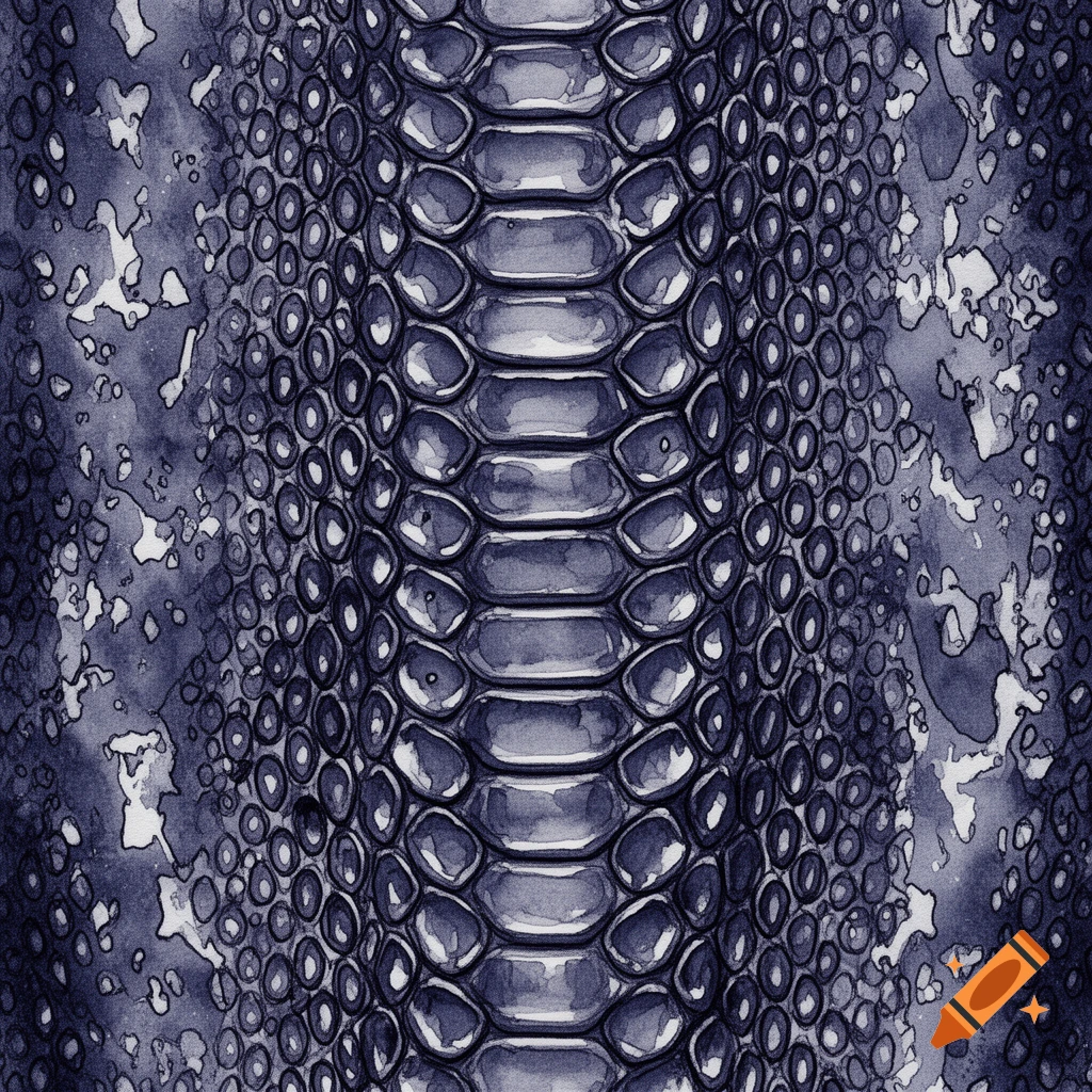 Dark blue ink-wash reptile skin pattern with large central scales and smaller side scales.
