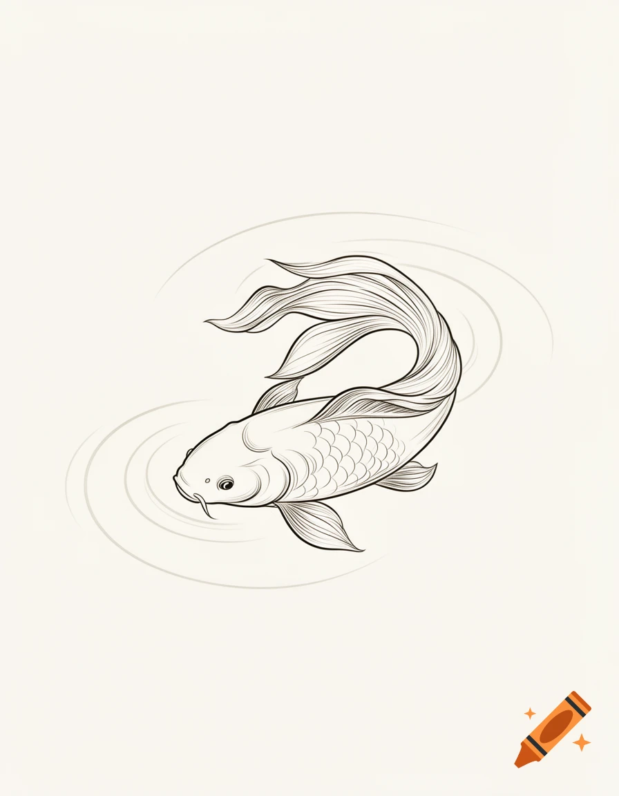 Line art illustration of a koi fish swimming in water with subtle ripples.