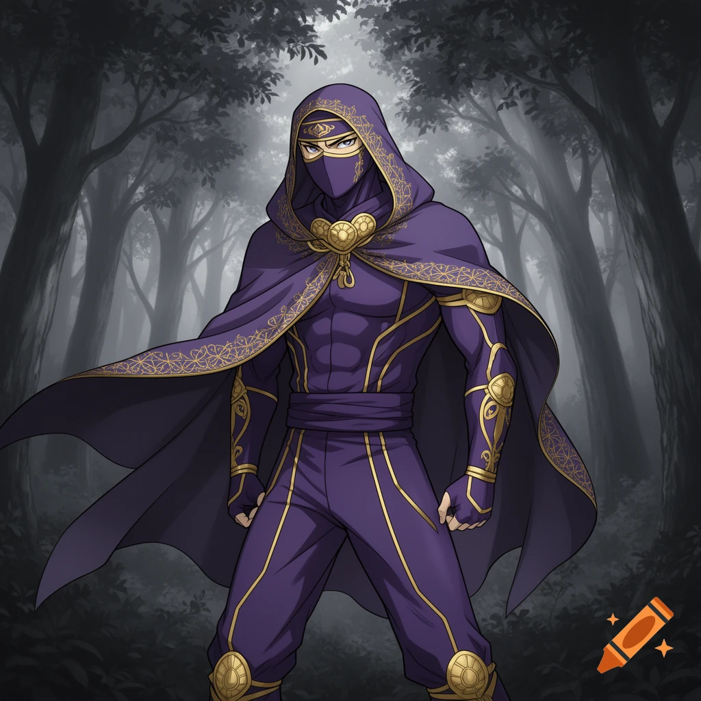 A male ninja in a purple and gold outfit with a hooded cape stands in a dark forest, in a manga art style.