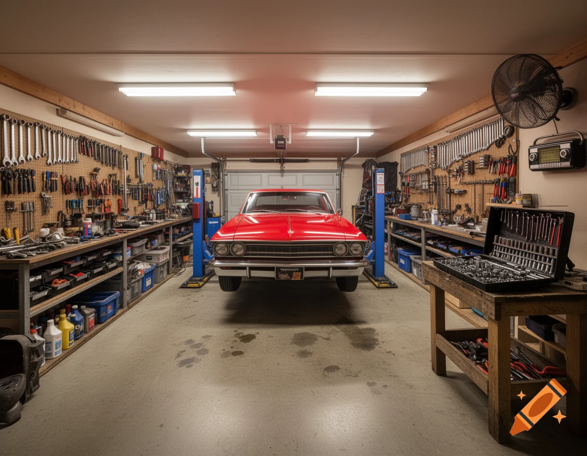 A red classic car elevated on a lift inside a well-organized home mechanic's garage, filled with tools on pegboards and workbenches.